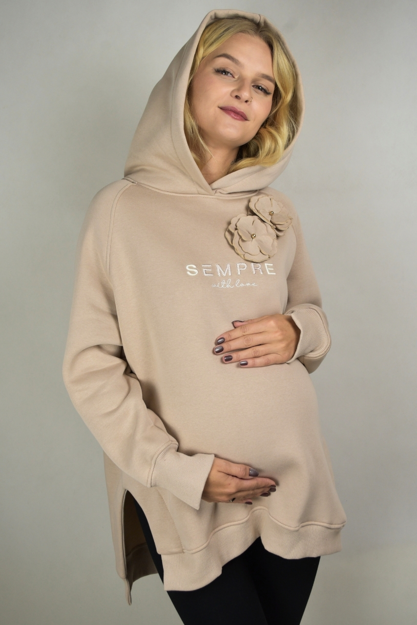 Beżowa bluza ciążowa z kapturem - obrazek 2