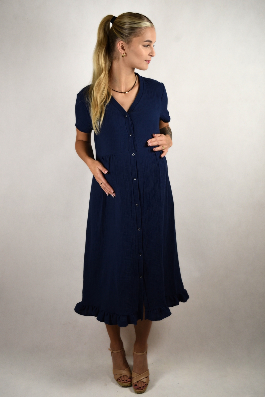 Granatowa muślinowa sukienka do karmienia rozpinana na całej długości - obrazek 2