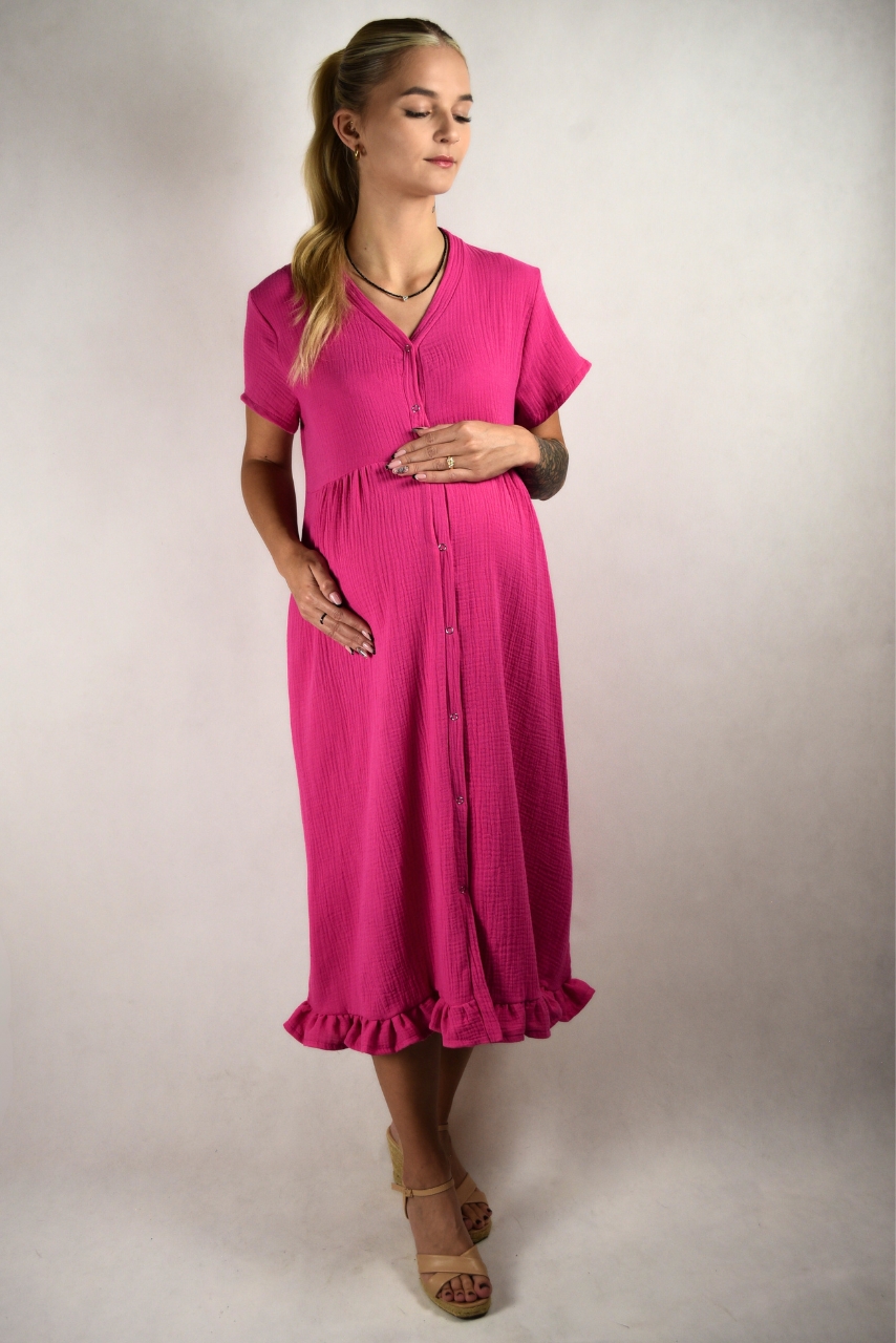 Różowa muślinowa sukienka do karmienia rozpinana na całej długości - obrazek 6