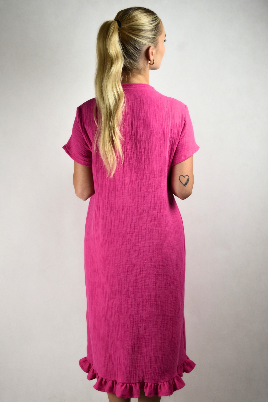Różowa muślinowa sukienka do karmienia rozpinana na całej długości - obrazek 3