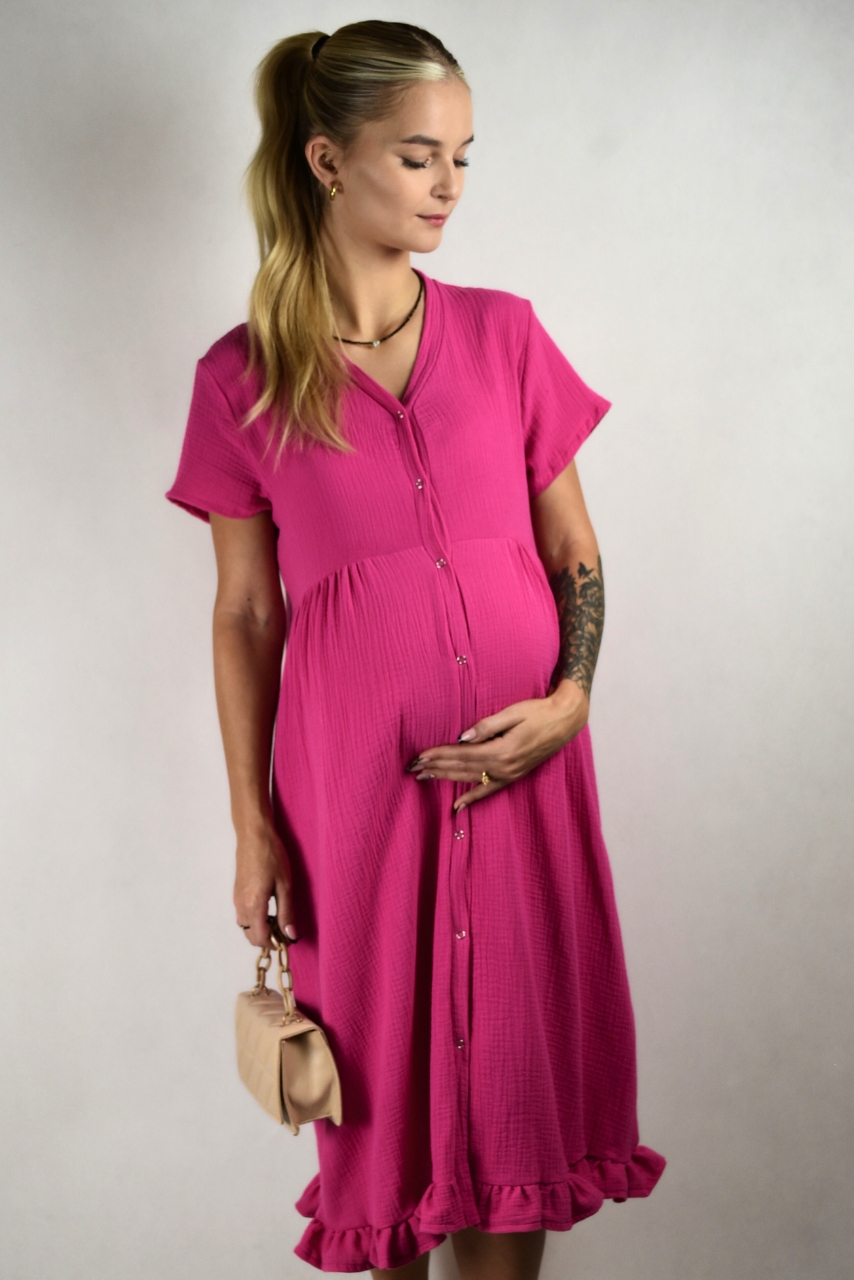 Różowa muślinowa sukienka do karmienia rozpinana na całej długości - obrazek 2