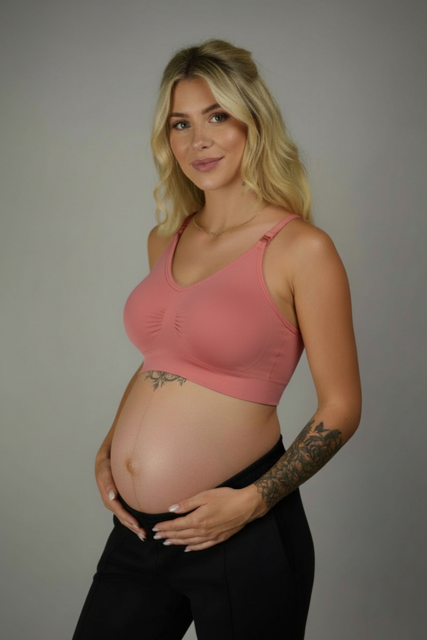 Koralowy sportowy biustonosz do karmienia z marszczeniem - obrazek 2