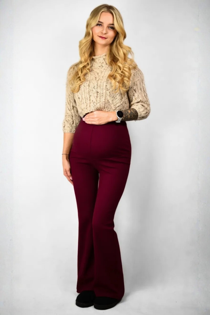 Szerokie legginsy ciążowe prążkowane bordowe